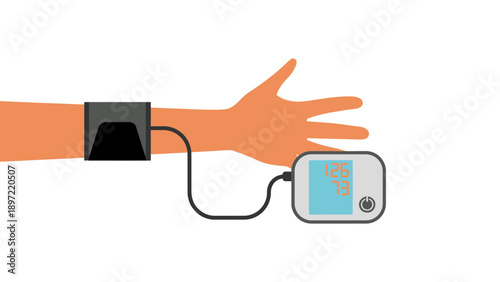 Blood pressure monitor on arm showing reading on digital screen