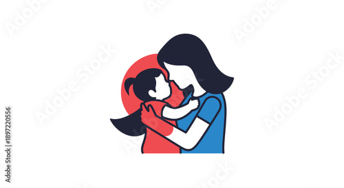 Illustration of a woman hugging a child, both with black hair, against a plain white background with a simple color palette.