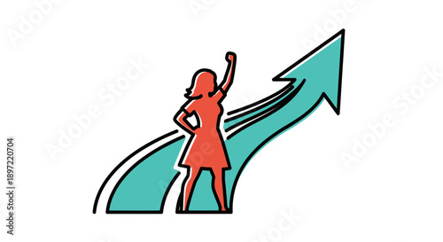 A confident businesswoman in a red dress stands on a large teal arrow pointing upwards on a white background with a bold and successful mood.