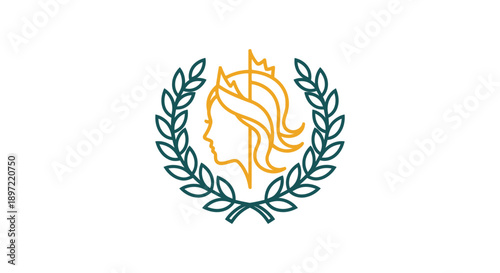 Logo design featuring a yellow horse head with a crown in a green laurel wreath on a white background.