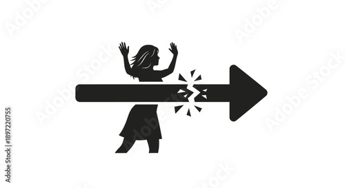 A frustrated woman in a simple black silhouette holds her head near a large arrow with an explosion, on a white background.