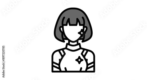 Black and white line drawing of a faceless woman with short hair wearing a turtleneck sweater on a plain white background.