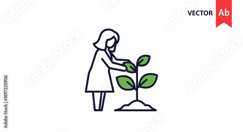 Line drawing of a woman nurturing a young plant with green leaves on a white background.