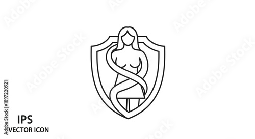 Line art vector icon of a shield with a stylized snake and staff symbol in black lines on a white background.