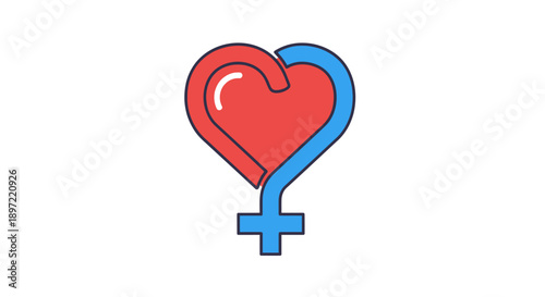 A graphic illustration of a red heart merged with a blue female symbol on a white background with a bold and colorful design.