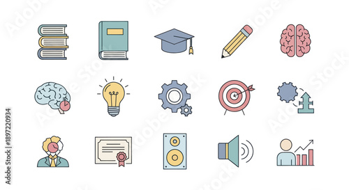 Education and Learning Icons Set: Brain, Book, Graduation Cap, Lightbulb, Target, Certificate