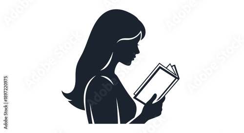 Silhouette of a woman reading a book in profile view against a white background.