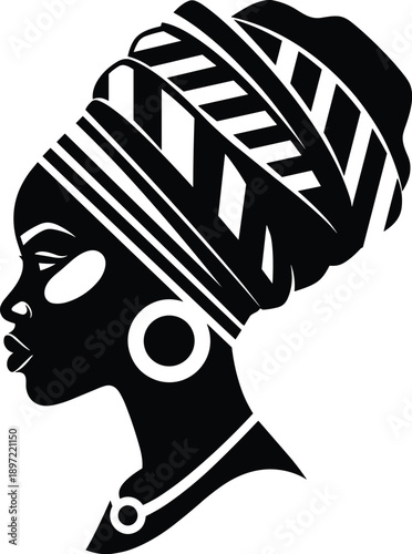 Beautiful African woman silhouette wearing traditional patterned headwrap and large hoop earrings, vector illustration of black female profile isolated on white background