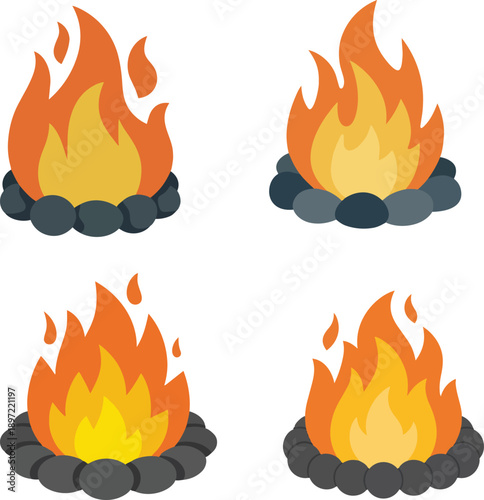 campfire flame with stones vector set