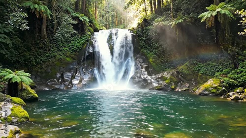 Wallpaper Mural Lush Green Tropical Rainforest Waterfall With Turquoise Water And Sun Rays Creating A Rainbow Torontodigital.ca