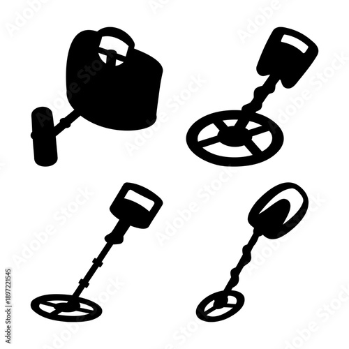 Set of metal detector silhouette icons for treasure hunting and archeology