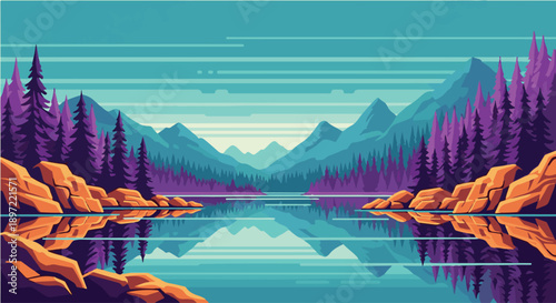 Stylized vector landscape with sharp purple pine trees and blue mountains reflecting in a calm lake with orange rocks.
