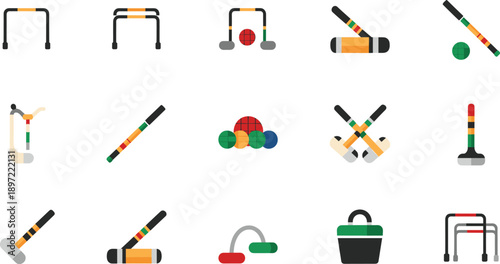 Set of croquet game equipment icons including mallets, balls, wickets, hoops, and goals, flat cartoon vector illustrations for outdoor lawn sports