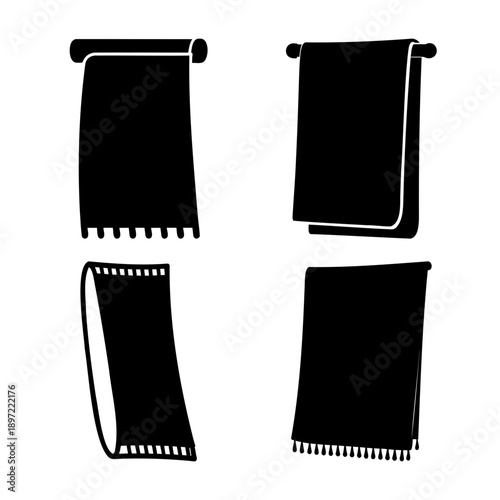 Set of four stylized black towel silhouettes for bathroom and household designs