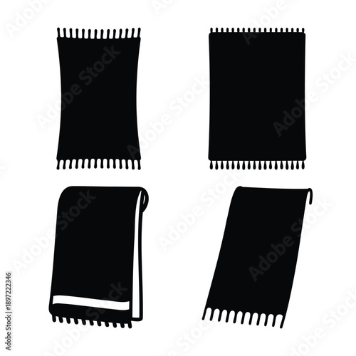 Simple black silhouettes of towels or blankets with fringe in various orientations