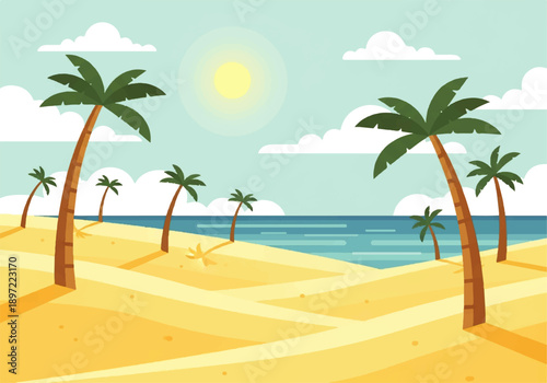 Vector flat design illustration of a sunny beach scene with palm trees, sandy dunes, and a serene ocean view under a bright sun with fluffy clouds.
