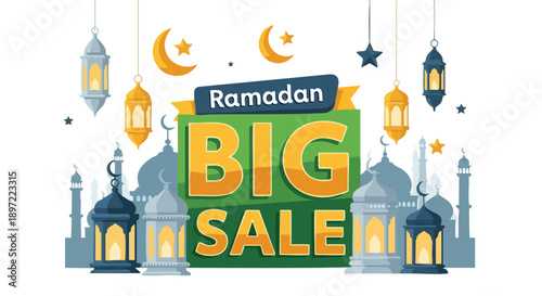 Digital illustration of a Ramadan Kareem sale advertisement with a mosque silhouette, lanterns, and celestial elements on a white background, conveying a festive and celebratory mood.