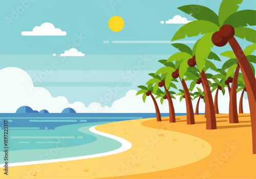 Vector flat design illustration of a serene tropical beach with palm trees, sandy shore, and calm ocean waters under a sunny sky with fluffy clouds.