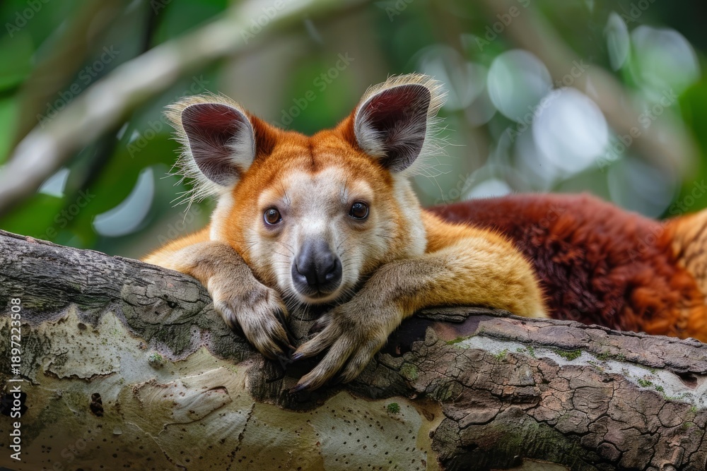 Fototapeta premium Matschie's tree kangaroo relaxing on a branch in a vibrant green forest, showcasing its unique golden and reddish brown fur
