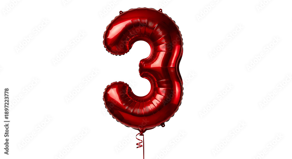 Fototapeta premium a vibrant red number 3 foil balloon against a pure white background perfect for third birthday anniversary or celebration themes.