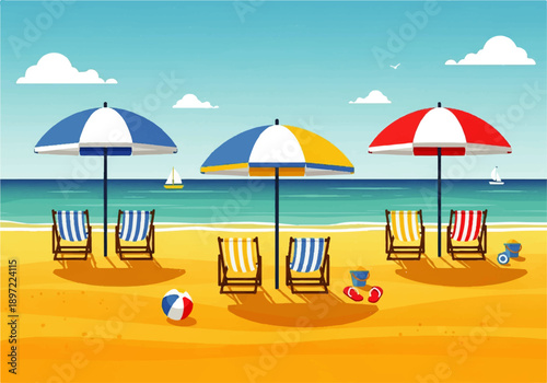 Vector flat design illustration of a serene beach scene with colorful umbrellated chairs, beach balls, and a tranquil ocean view.