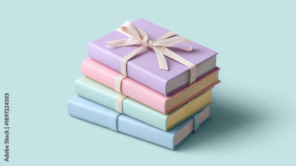 Fototapeta premium Vibrant pastel books, beautifully stacked and tied with soft ribbons, invite a sense of playfulness and charm, making them ideal for any reading lover's collection or gift