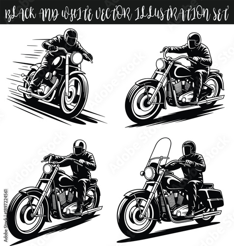 Black and white vector illustration set of motorcycle riders on classic cruisers, vintage biker silhouettes for garage posters and apparel.