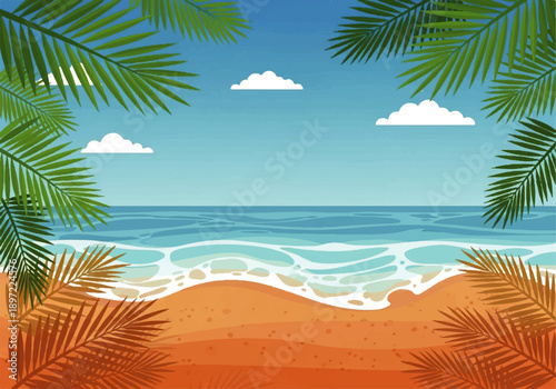 A serene Vector Flat Design Ilustration of a beach scene with palm trees, showcasing a sandy shore, ocean waves, and a clear blue sky with clouds.