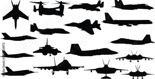 Set of military aircraft silhouettes, fighter jets and helicopters collection, black aviation illustration isolated on white background