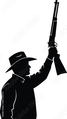 Silhouette of hunter holding rifle raised, dramatic black illustration of armed man celebrating victory isolated on white background studio concept