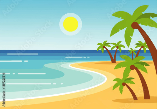 Vector flat design illustration of a serene beach scene with palm trees, showcasing a sunny day in a tropical location with a clear blue sky and ocean.