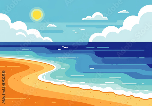 Vector flat design illustration of a serene beach scene with a sunny sky, fluffy clouds, and gentle waves on a sandy shore.