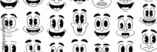 Faces line drawing set with expressive, cartoon-style eyes and mouths, black and white illustrations capturing various emotions and moods, suitable for animations, comics, and emoticons