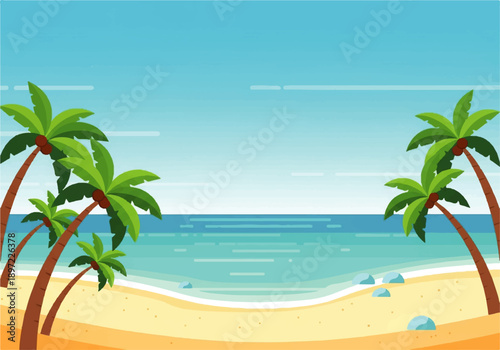 Vector flat design illustration of a serene beach scene with palm trees, sandy shore, and calm ocean waters under a clear blue sky.