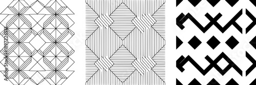 Patterns geometric line set with intricate symmetry, monochrome black and white designs, detailed tessellation motifs suitable for textile, wallpaper, or graphic backgrounds, modern style