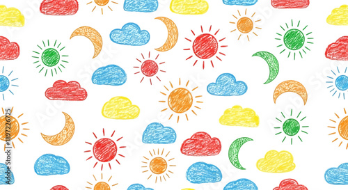 colorful crayon drawing seamless pattern with suns moons and clouds a playful illustration for kids backgrounds or nursery design.