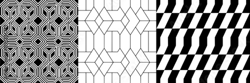 Patterns geometric hexagonal grids with intricate line art and bold contrasting stripes in black and white for decorative designs, textile motifs, or modern visual effects.