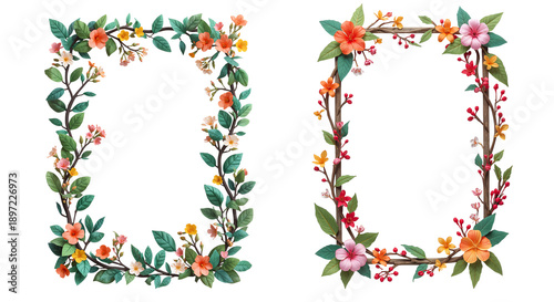 Beautiful spring flowering branches with leaves frame isolated on transparent background, illustration