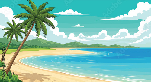 Beautiful tropical beach landscape vector illustration featuring palm trees, blue ocean waves, sandy shore, green mountains, sunny sky clouds for summer travel vacation background design.