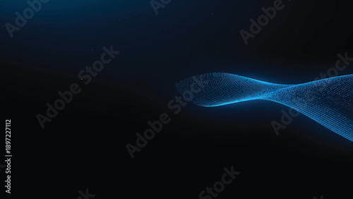 Blue abstract background with glowing particles and light waves in dark space