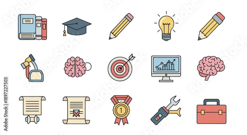 Education and Success Icons Set: Books, Graduation Cap, Lightbulb, Brain, Target, Diploma, Medal, Tools