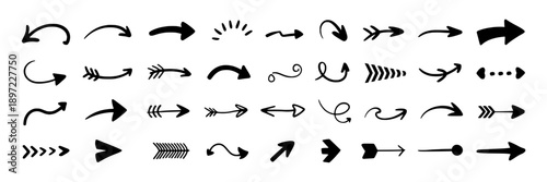 Arrows hand drawn set with black curved lines, dashed strokes, and bold direction indicators for graphic design, infographics, navigation, and visual communication projects