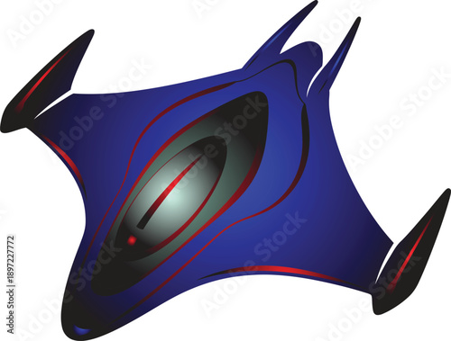 Futuristic blue alien spaceship with glowing red accents, organic manta ray inspired starship design, sleek biomechanical fighter jet vector illustration for sci-fi gaming and tech concepts.