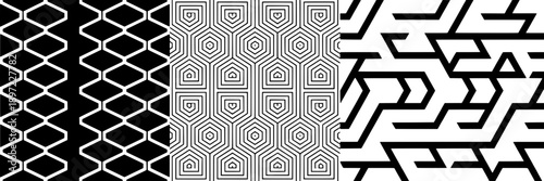 Pattern strip set with geometric honeycomb, spiral hexagon, maze-like labyrinth, and bold angular lines in black and white styles for graphic design, textiles, digital backgrounds, and artistic projec
