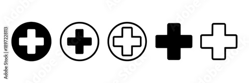 Cross icons with different outline styles and fill patterns, simple monochrome medical symbols, minimalistic design, vector graphic for healthcare and medical interfaces