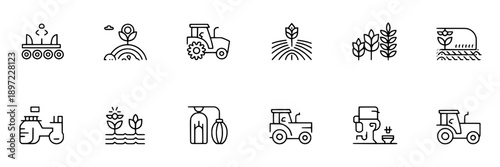 Agricultural machinery and farming icons with line art style representing planting, irrigation, crop management, and sustainable farming practices in a minimalist design