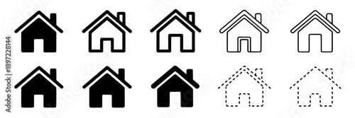 House icons collection with black silhouettes and line art styles, including solid and outlined designs for architectural sketches, user interface buttons, and graphic symbols, versatile and modern.