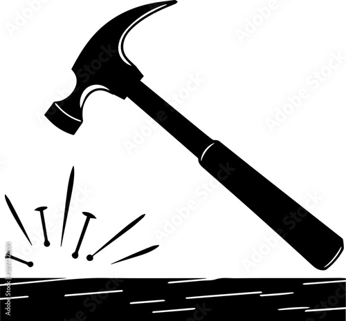 Hammer Tool Silhouette Construction Impact Black and White Illustration