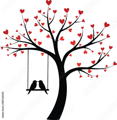 Romantic Love Tree Silhouette Illustration - heart tree, love tree, romantic illustration, love birds, birds on swing, valentine illustration, romantic art, heart shape leaves, love symbol,