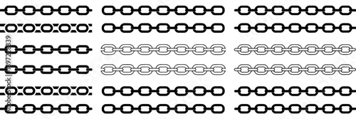 Chains set featuring various styles including solid, dotted, and outline links in black on a white background, showcasing different designs for decorative, industrial, or conceptual use